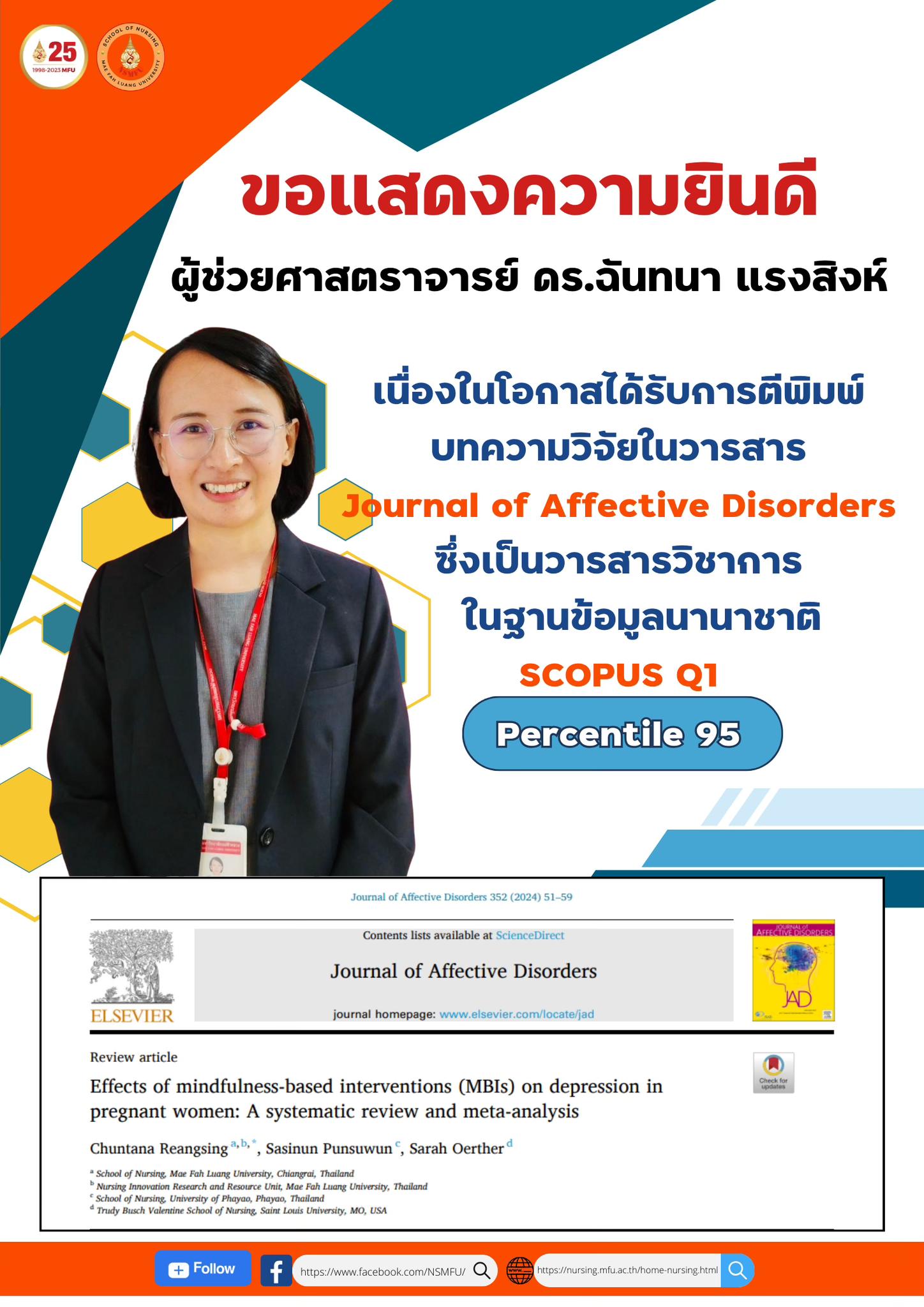Congratulations to Asst. Prof. Dr. Chuntana Reangsing on the publication of her research  in the Journal of Affective Disorders, a SCOPUS Q1 International Journal, percentile 95. 