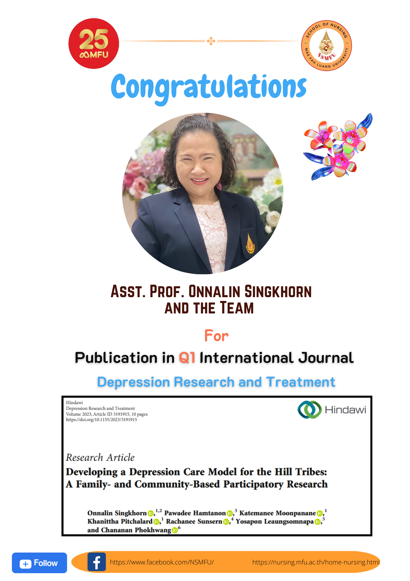 Congratulations to Asst. Prof. Onnalin Singkhorn and the team for the publication in Q1 International Journal Depression Research and Treatment.