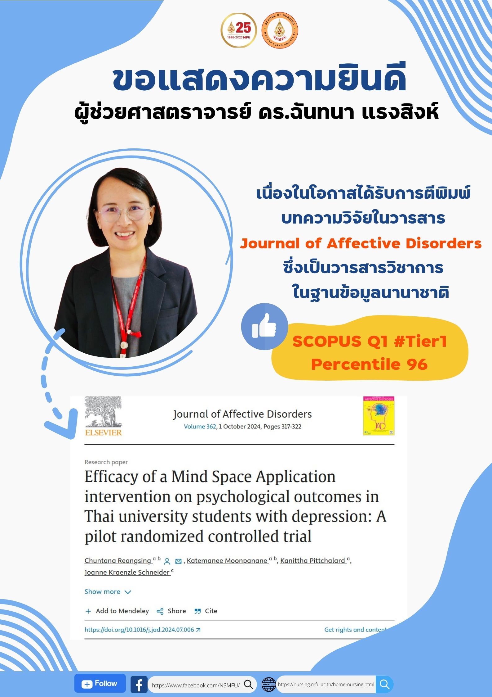 Congratulations from the MFU School of Nursing to Asst. Prof. Dr. Chuntana Reangsing on the publication of her research in the  Journal of Affective Disorders, a SCOPUS Q1: Tier1 International Journal. 