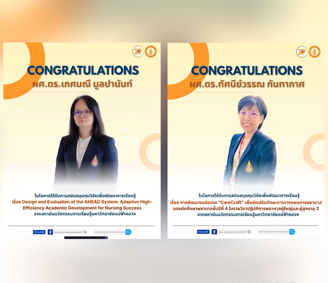 ขอแสดงความยินดีกับอาจารยืที่ได้รับการสนับสนุนทุนวิจัยจากสถาบันนวัตกรรมการเรียนรู้มหาวิทยาลัยแม่ฟ้าหลวง ประจำปี 2025/Congratulations to the faculty members who have received research funding from the MFU Learning Innovation Institute