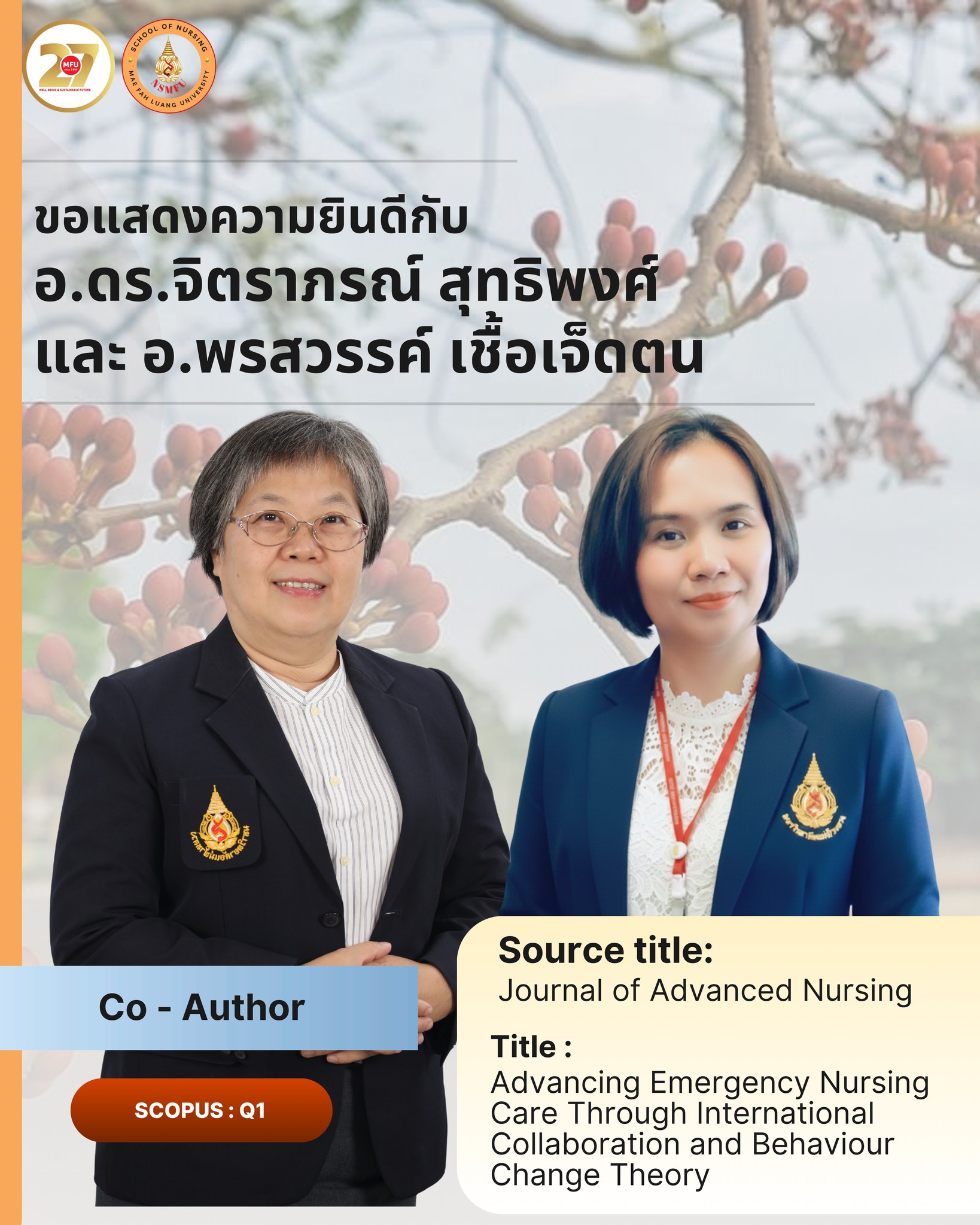 ขอแสดงความยินดีกับอาจารย์ของสำนักวิชาพยาบาลศาสตรื มฟล. ที่ได้รับการตีพิมพ์บทความวิจัย/Congratulations to the faculty members of the School of Nursing, MFU, on the publication of their research article