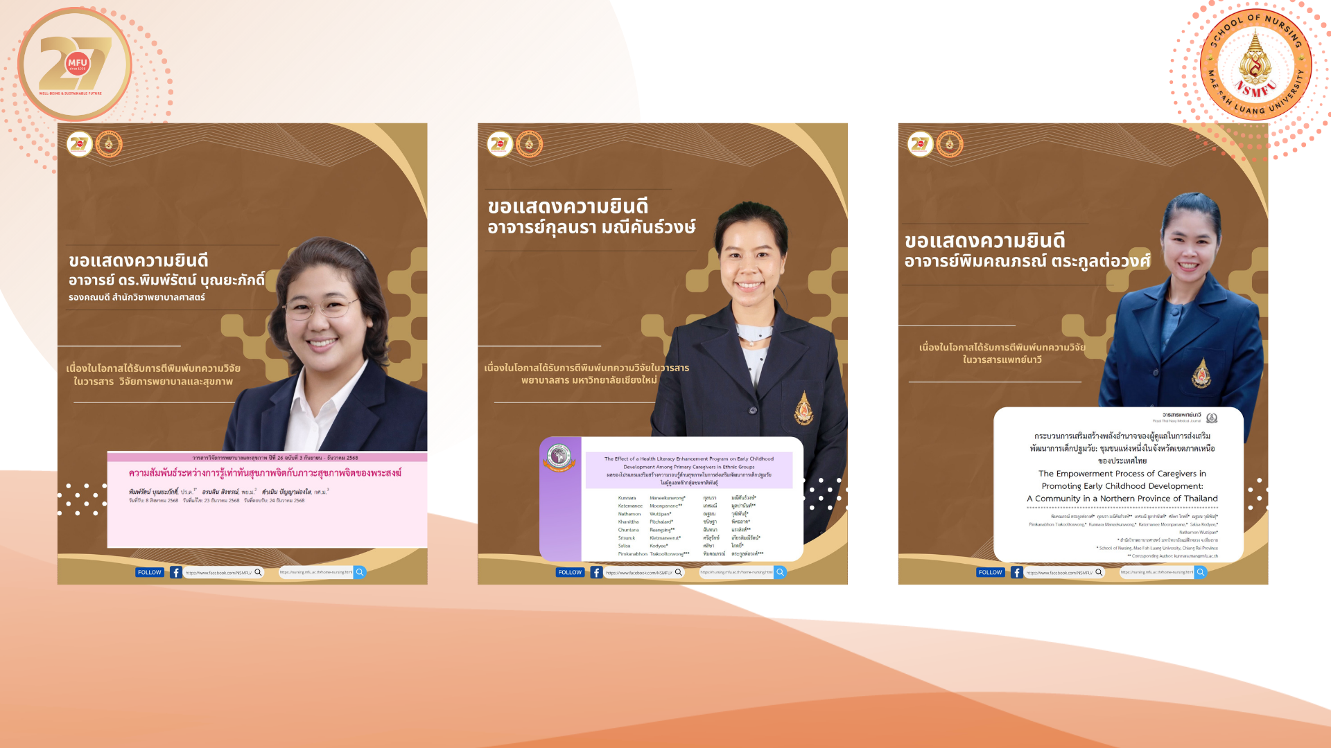 ขอแสดงความยินดีกับอาจารย์ของสำนักวิชาพยาบาลศาสตร์ มฟล. ที่ได้รับการตีพิมพ์ผลงานวิจัยในวารสารระดับชาติ/Congratulations to the faculty members of the School of Nursing, MFU, on the publication of their research articles in a national journal